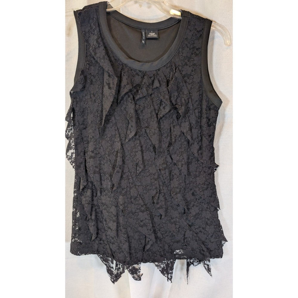 New Directions Women's Size Large Black Lace Ruffle Tiered Sleeveless Top Tank